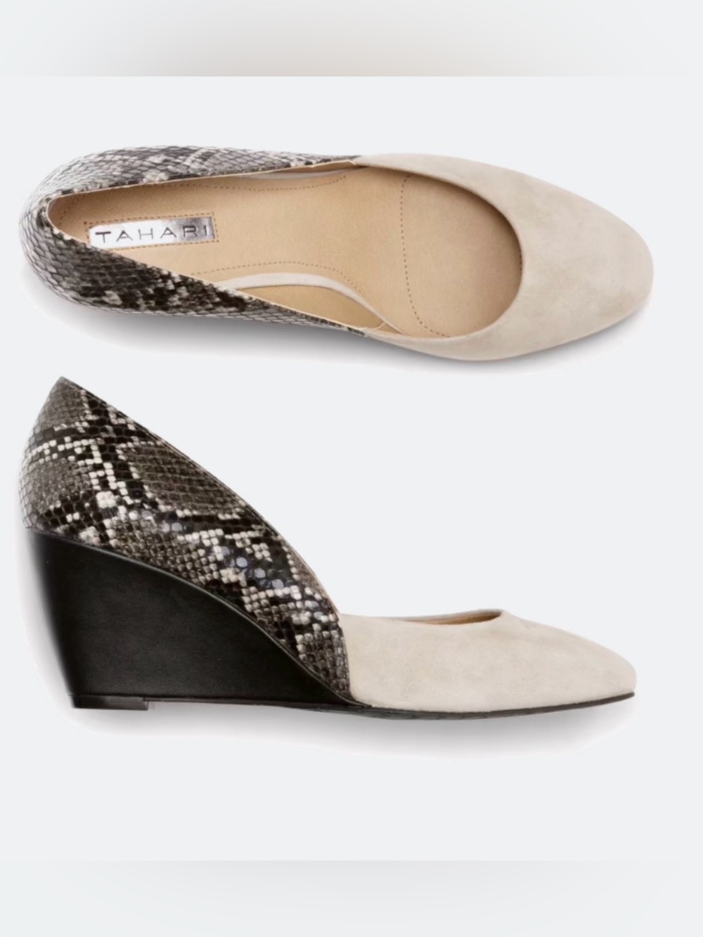 Tahari Cream and Black Snake-Print Wedge Pumps